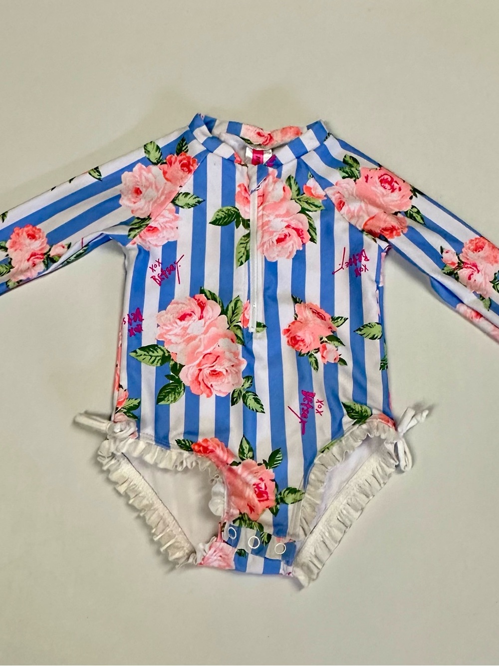Betsey Johnson Blue, White & Pink Floral Stripe Long-Sleeve Rashguard One-Piece
